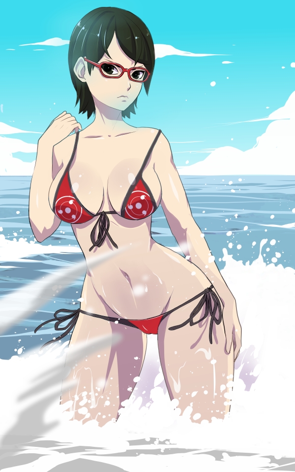 1girls, beach, big breasts, bikini, black hair, boruto: naruto next generations, breasts, female, female only, glasses, naruto, naruto (series), ocean, sarada uchiha, short hair, side-tie bikini, solo, swimsuit, teenager