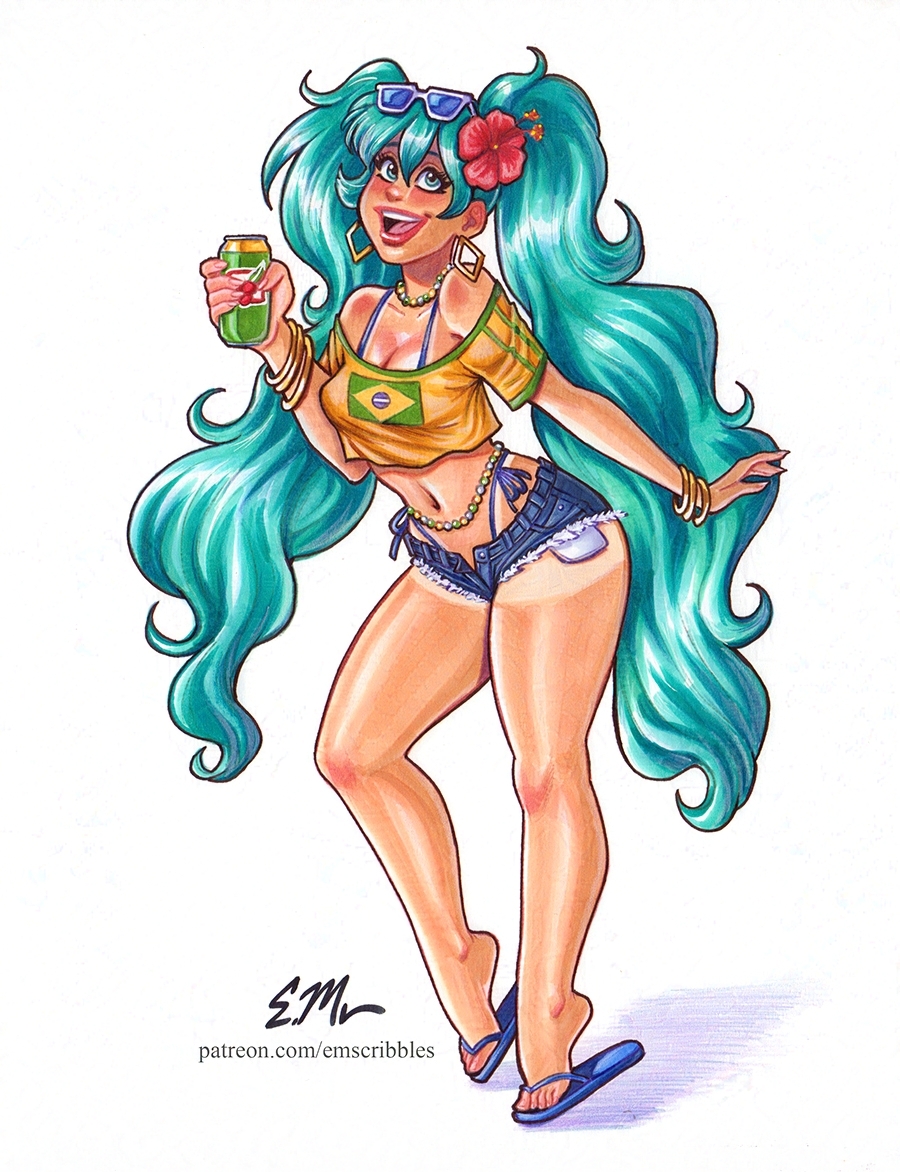 big_thighs bikini_under_clothes booty_shorts bracelet bracelets brazilian brazilian_female brazilian_miku curvy curvy_body curvy_female curvy_figure cyan_eyes cyan_hair earrings em_scribbles feet flip_flops flower flower_in_hair glasses_on_head hatsune_miku jean_shorts latina lips lipstick pinup pinup_girls pinup_pose short_shorts shorts sunglasses sunglasses_on_head tagme tan_body tan_skin tanline tanned tanned_female tanned_skin thick_thighs thighs traditional_art traditional_media traditional_media_(artwork) twintails vocaloid voluptuous voluptuous_female yellow_shirt