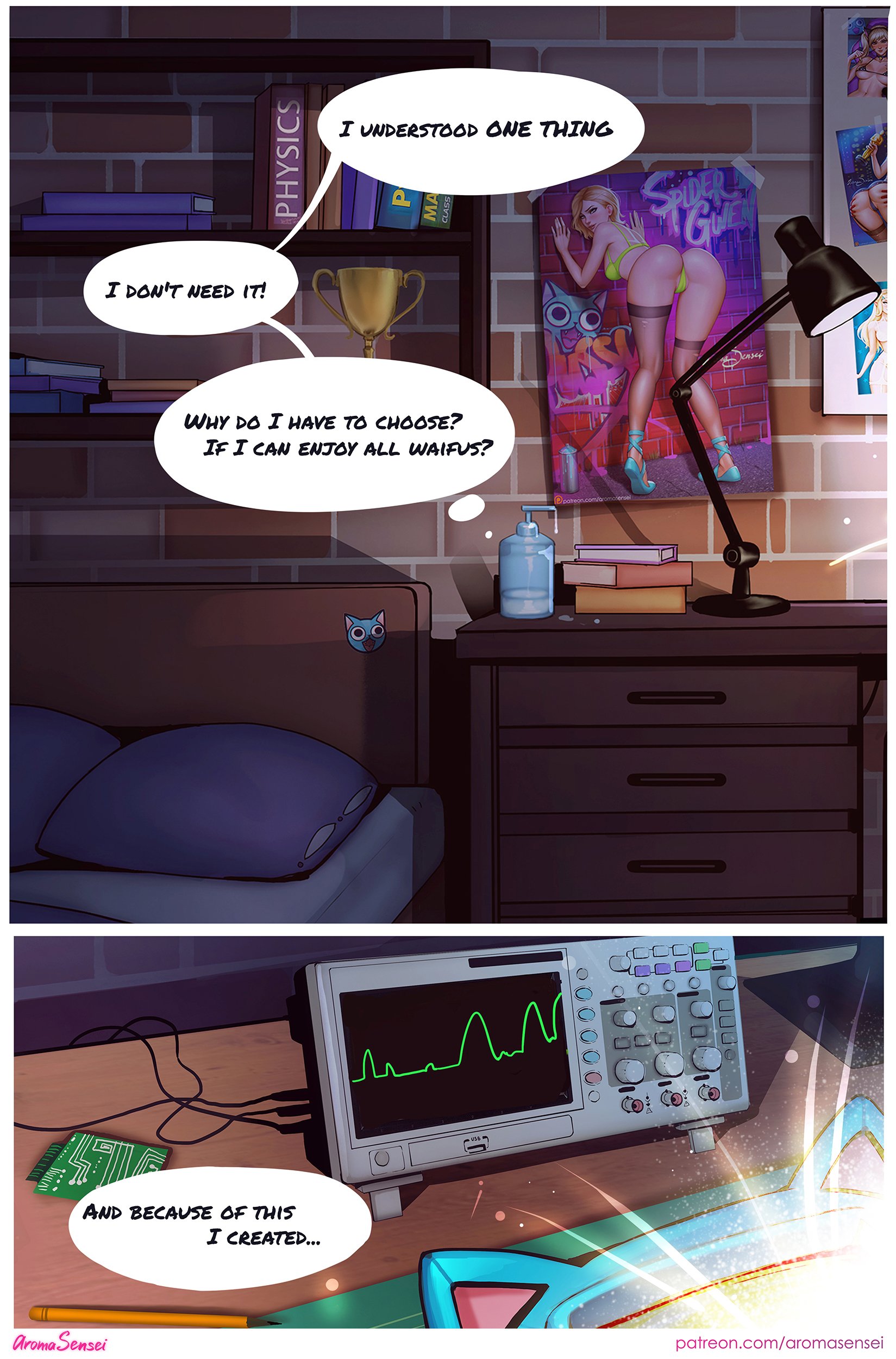 aroma sensei, ass, bent over, breasts, cleavage, comic, female, gwen stacy, gwen stacy (spider-verse), marvel, marvel comics, speech bubble, spider-gwen, spider-man (series), superhero, superheroine, text, waifunator 3000