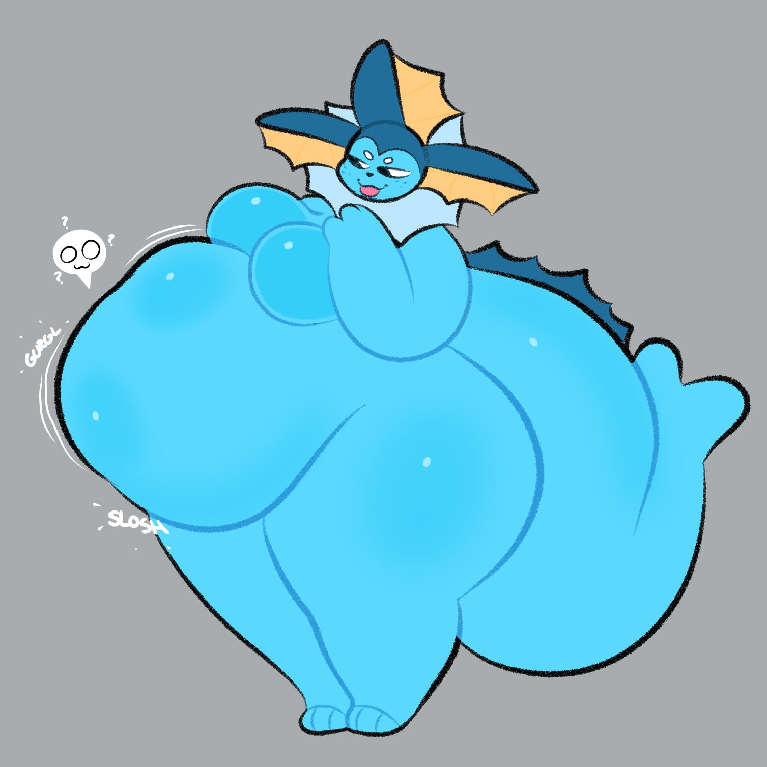 2024, ambiguous gender, ambiguous prey, anthro, belly, big belly, big breasts, blep, blue body, breasts, curvy figure, digital media (artwork), eeveelution, english text, eyebrows, featureless breasts, female, female pred, fin, generation 1 pokemon, glistening, glistening body, hi res, looking at viewer, mammal, nintendo, nude, onomatopoeia, overweight, overweight anthro, overweight female, pokemon, pokemon (species), simple background, smile, solo, sound effects, swallowpancakes, tail, text, thick thighs, tongue, tongue out, vaporeon, voluptuous, voluptuous anthro, voluptuous female, vore, wide hips