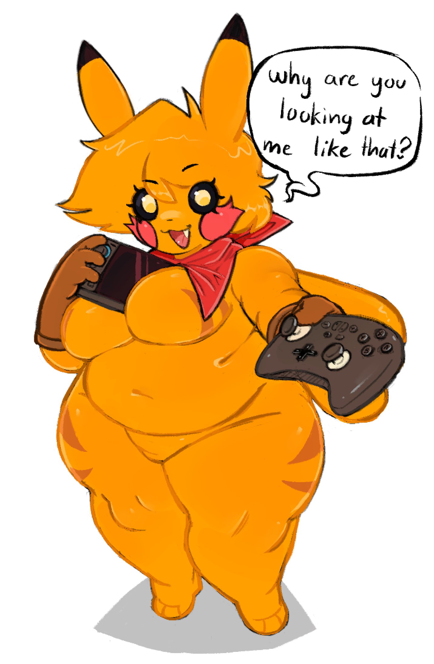 1girls, anthro, anthrofied, ascot, chubby, chubby female, dialogue, female, hammerspace, jamcrumb, naked, naked female, nintendo, nintendo switch, pikachu, pokemon, pokemon (species), solo