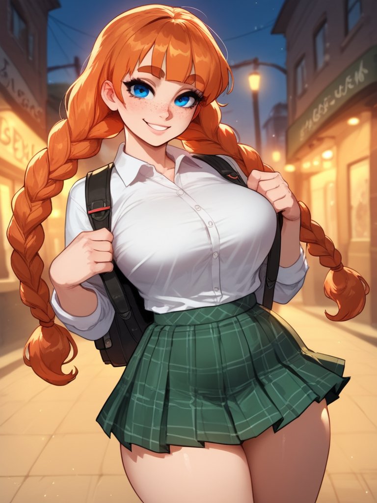 1girls ai_generated big_ass big_breasts blue_eyes braid braided_hair curvy curvy_figure cute cute_face freckles light-skinned_female light_skin melony_(xandr) plaid plaid_skirt red_hair school_uniform schoolgirl shirt skirt thick thick_ass thick_legs thick_thighs twin_braids xandr young younger_female