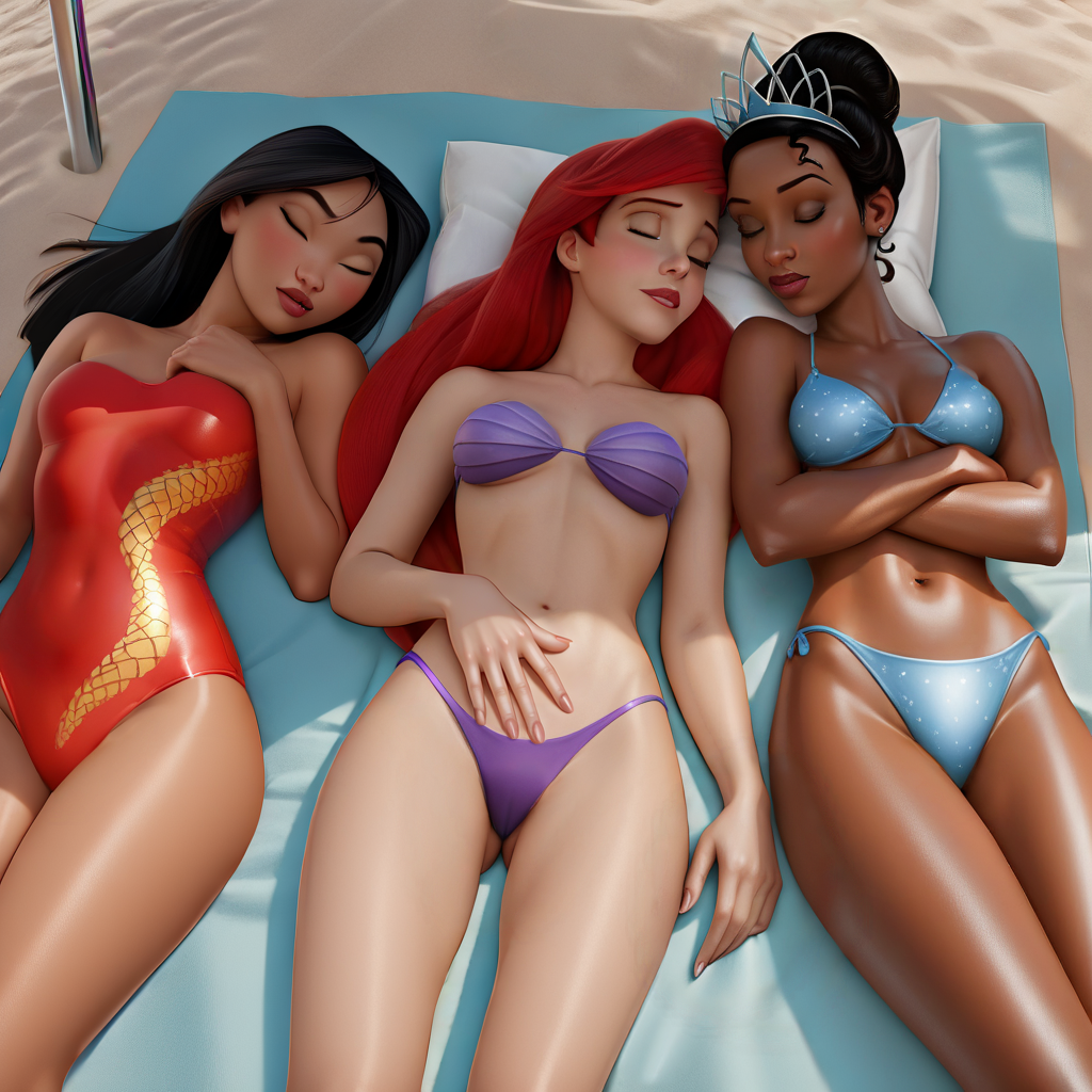 3girls ai_generated alternate_version_available ariel ariel_(the_little_mermaid) arms_crossed asian asian_female bare_arms bare_midriff bare_shoulders bare_thighs bathing_suit beach beach_towel belly belly_button bikini bikini_bottom bikini_top black_hair chinese chinese_female closed_eyes dark-skinned_female dark_hair dark_skin disney disney_princess fa_mulan female female_focus female_human female_only hair_bun hairbun hand_on_belly hand_on_chest hand_on_stomach head_on_pillow light-skinned_female light_blue_bikini light_skin long_hair makeup midriff mulan mulan_(1998_film) navel outdoors outside petite petite_body petite_female pillow princess_tiana public purple_bikini_bottom red_hair red_lips red_lipstick red_swimsuit resting shell_bikini sleeping strapless_swimsuit sunbathing swimsuit swimwear the_little_mermaid the_little_mermaid_(1989_film) the_princess_and_the_frog thighs tiana tiara uzzlegorf