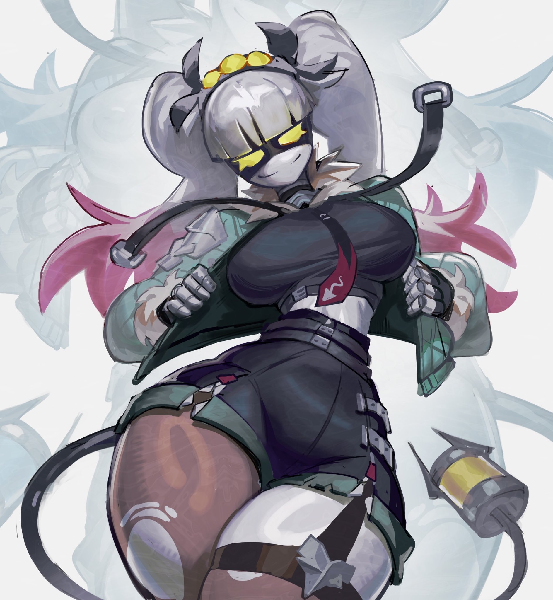 1girls, 2d, big breasts, big legs, breasts, cosplay, female, female only, fully clothed, hi res, highres, humanoid, j (murder drones), jane doe (zenless zone zero), looking at viewer, murder drones, pink hair, pirodefka, robot, robot girl, robot humanoid, screen face, simple background, smiling at viewer, sneedy123, tagme, tagme (artist), tail, twintails, white hair, wide hips, yellow eyes, zenless zone zero