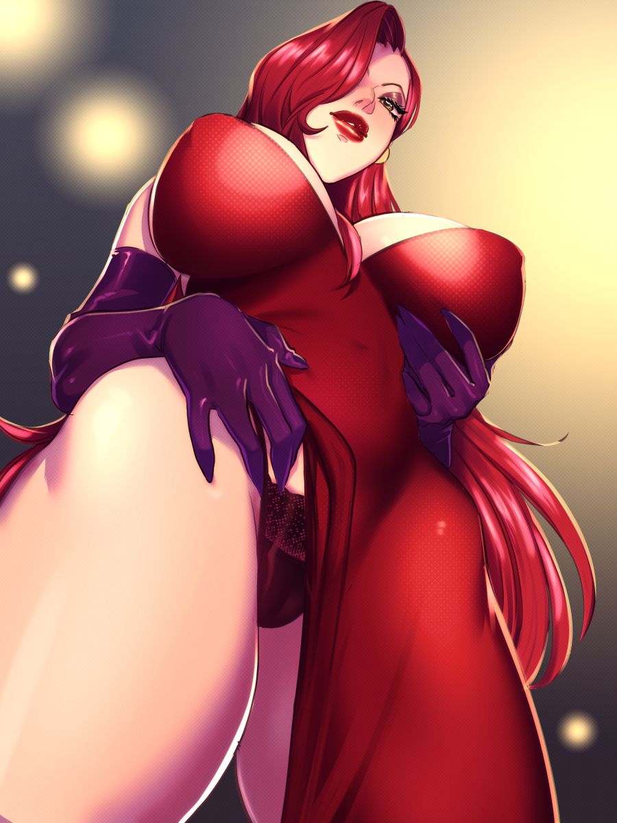 1girls breasts cleavage disney female female_only huge_breasts jessica_rabbit kukumomo lips panties solo who_framed_roger_rabbit