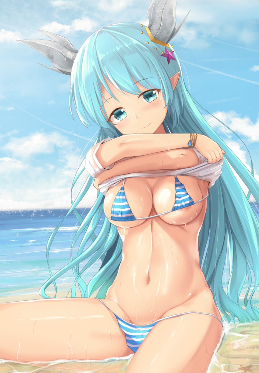 areola_slip beach bikini bikini_pull blue_bikini blue_eyes blue_hair blue_sky blush breasts cleavage closed_mouth clothes_lift clothes_pull cloud covered_erect_nipples crossed_arms day dragon_girl dragon_horns female floating_hair hair_ornament head_tilt highres horns joko_jmc king's_raid laias_(king's_raid) lifting_own_clothes long_hair looking_at_viewer medium_breasts micro_bikini monster_girl ocean outdoors pointy_ears reptile_humanoid shirt shirt_lift sideboob sitting sky smile solo sparkle star_(symbol) star_hair_ornament striped_bikini striped_clothes swimsuit underboob very_long_hair white_shirt