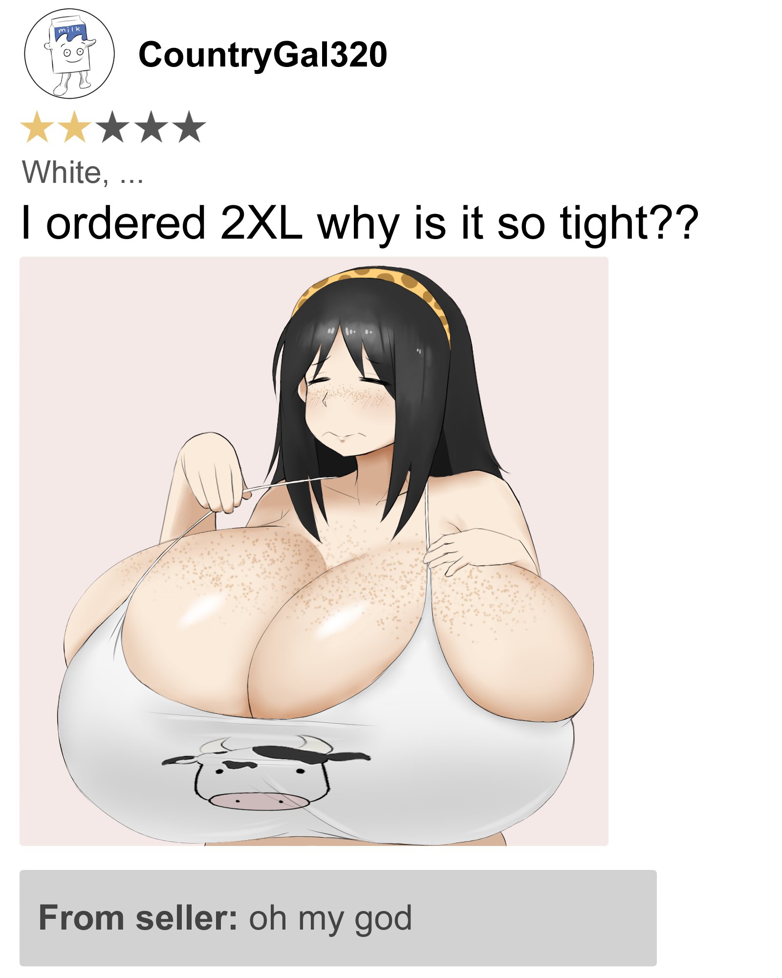 1girls, big breasts, black hair, breasts, breasts bigger than head, busty, cleavage, cleavage overflow, closed eyes, collarbone, english text, eyebrows, eyebrows visible through hair, eyelashes, female, female focus, female only, freckles, freckles on breasts, freckles on face, gigantic breasts, hairband, hand on own chest, huge breasts, large breasts, light skin, light-skinned female, long hair, massive breasts, overflowing breasts, review, skindentation, text, top heavy, top heavy breasts