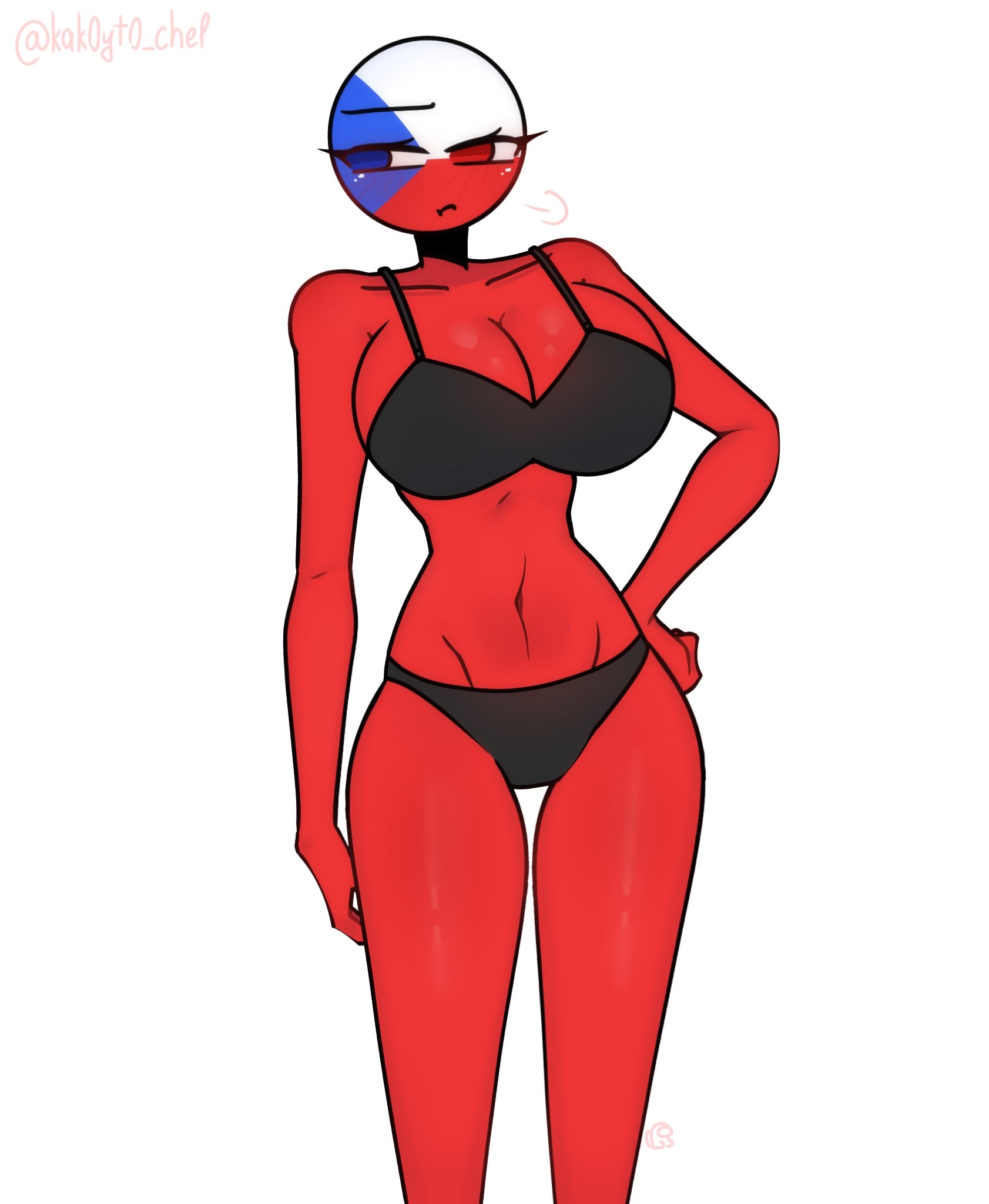 1girl, 1girls, 2026, bikini, black bikini, blue eye, countryhumans, countryhumans girl, czechia (countryhumans), female, female only, kak0yt0 chel, looking left, red body, red eye, twitter, twitter username