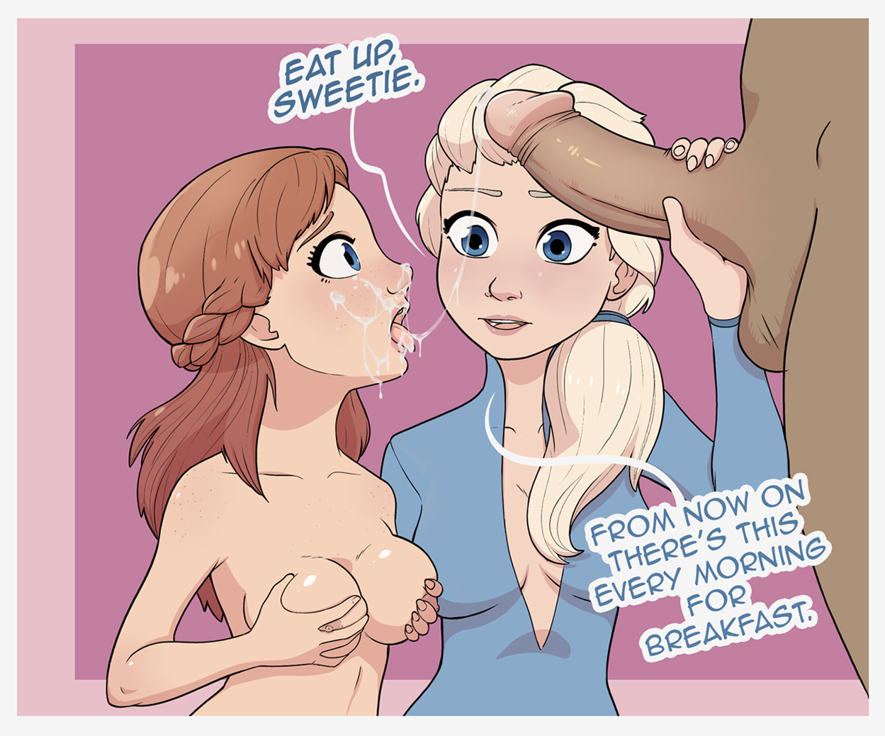 1boy, 2girls, anna (frozen), areolae, balls, blonde hair, blue eyes, breast grab, breasts, brown hair, clothing, cum, cum on face, cum string, dark skin, dark-skinned male, disney, elsa (frozen), english text, facial, female, frozen (film), hair, hand on breast, interracial, limeslice, male, multiple females, multiple girls, nipples, partial male, penis, penis grab, sisters, straight, testicles, text