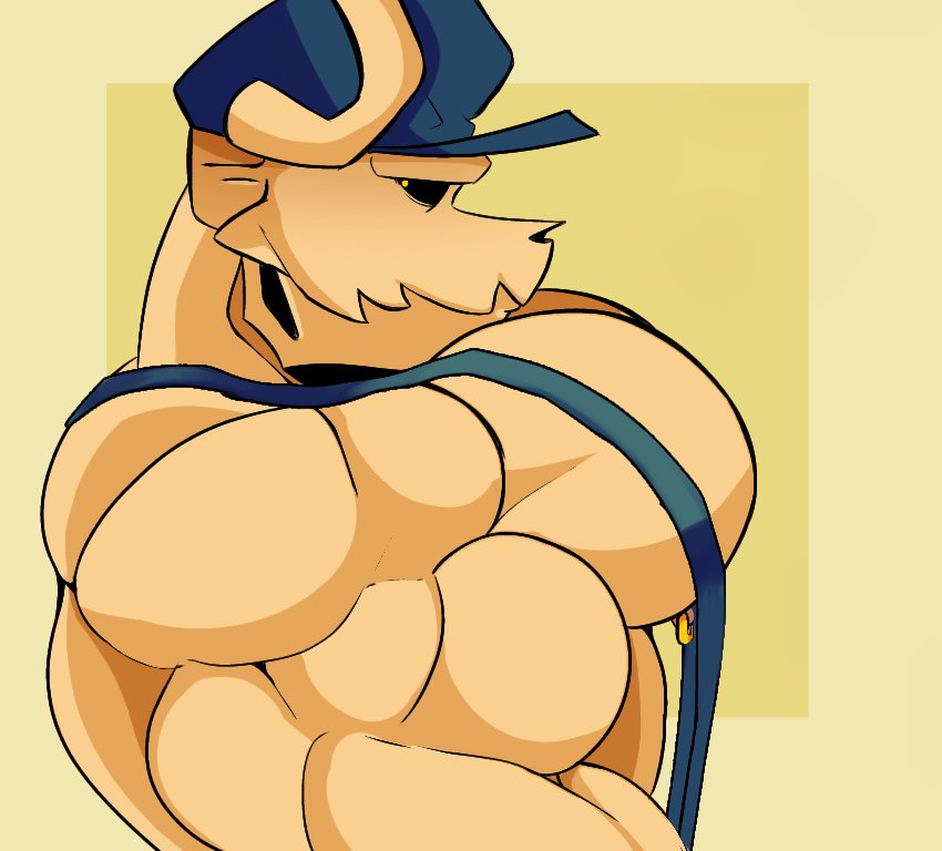 anthro bara biceps big_biceps big_muscles big_pecs blue_mankini buff horns male_only mankini muscle muscles muscular muscular_male only_male sexy skull yellow_background