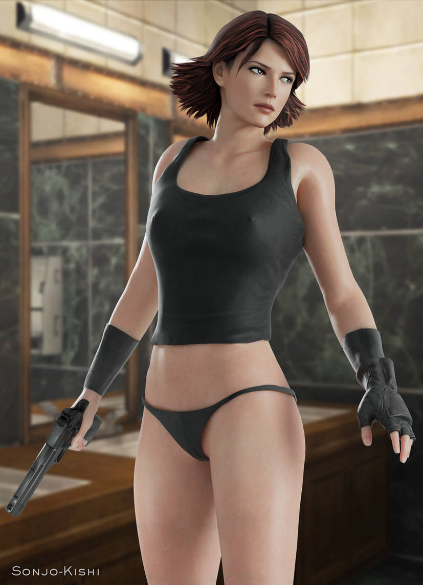 3d black_panties fingerless_gloves gloves gun handgun meryl_silverburgh metal_gear_solid panties shirt_and_panties short_hair short_hair_female sonjo-kishi weapon