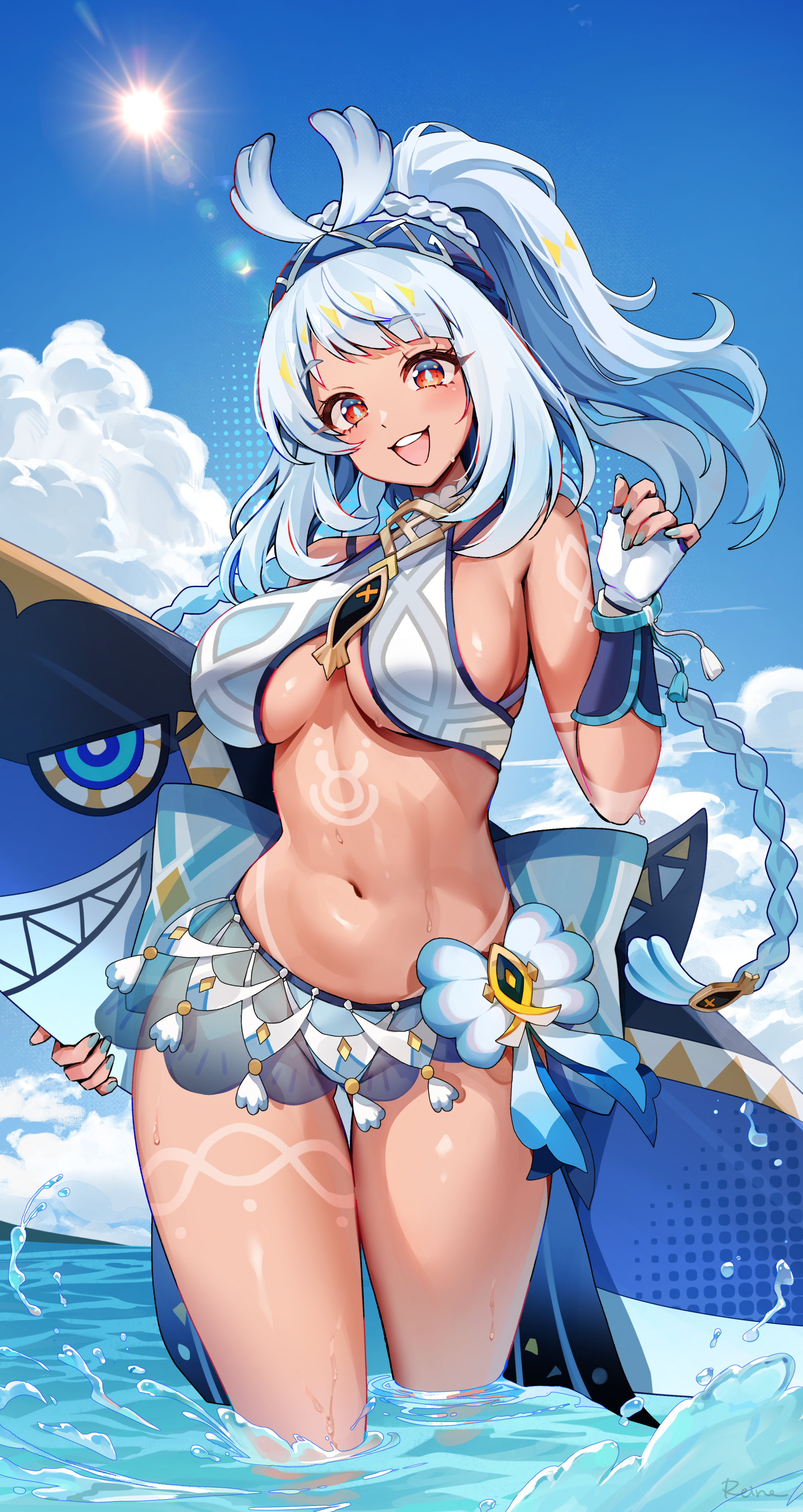 big breasts, breasts, female, genshin impact, light blue hair, mualani (genshin impact), natlan girls, tanned