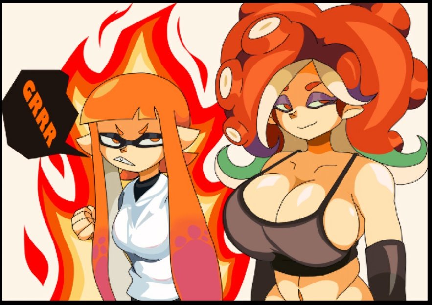 big_breasts fire humanoid inkling_girl jealous jealous_female lotxolt octoling_girl octoling_rival orange_hair red_hair smile splatoon splatoon_(series) tentacle tentacle_hair