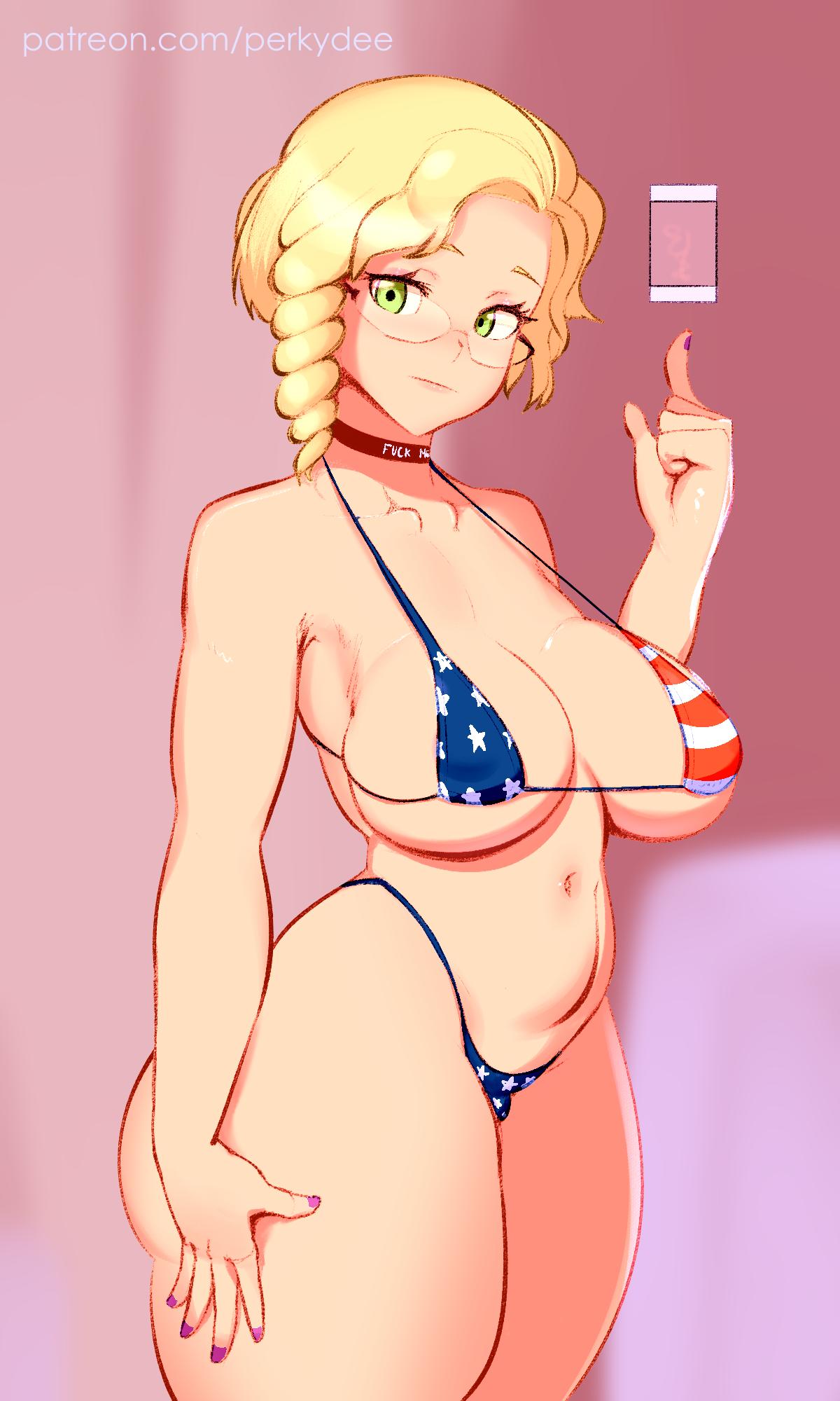 1girls big_breasts bikini blonde_hair breasts clothed clothing curvy deee female female_only glasses glynda_goodwitch green_eyes hair human long_hair milf rwby solo text thick_thighs url watermark wide_hips