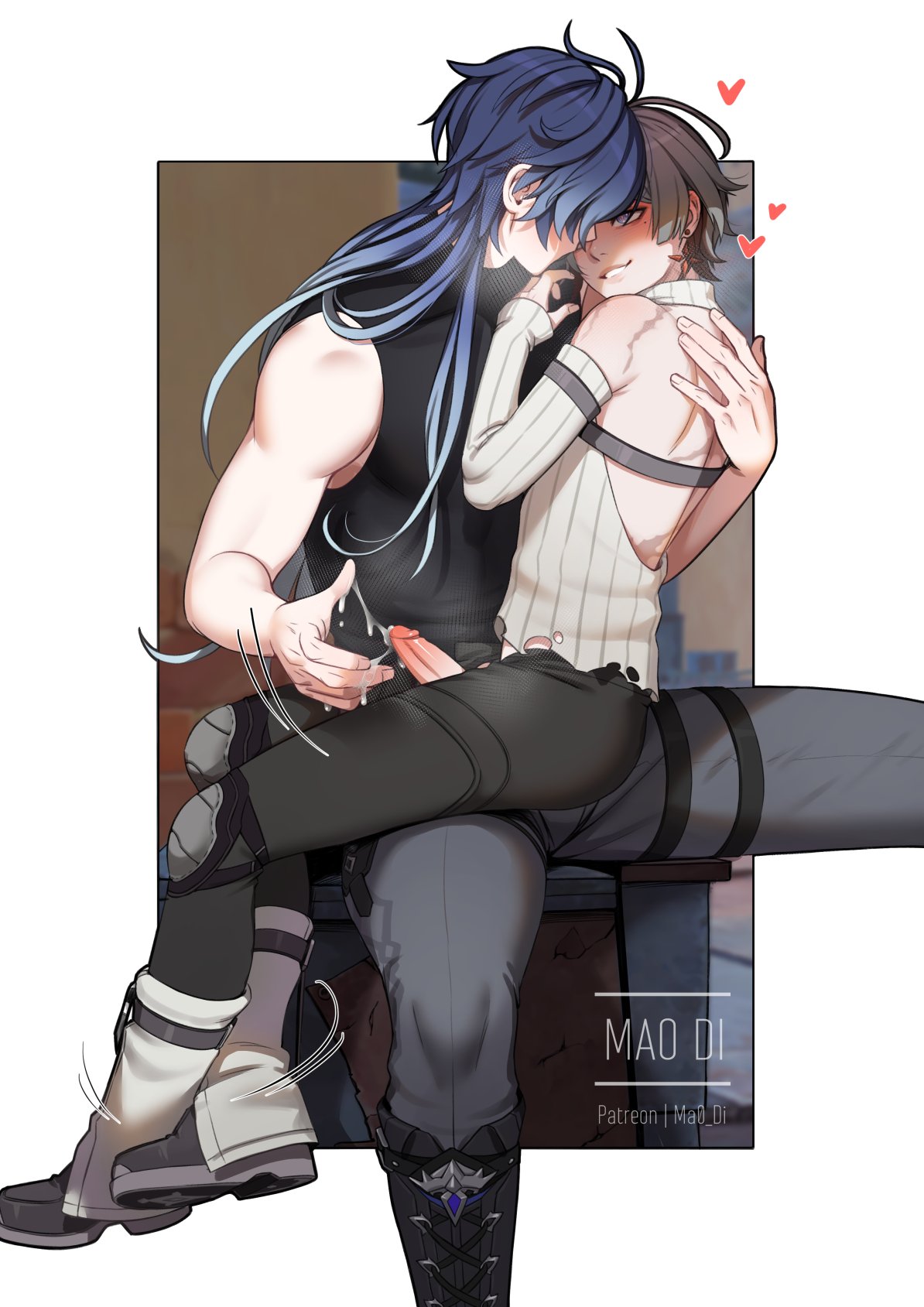 2boys, blue hair, cum, erection, flins (genshin impact), fully clothed, gay, genshin impact, gray hair, hoyoverse, illuga (genshin impact), light skin, light-skinned male, long hair, mao di, penis, sitting on lap, sitting on person, yaoi