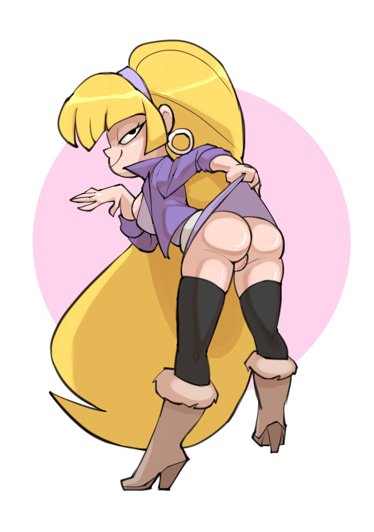 1girls, 2016, ass, bent over, big hair, bigdad, black eyes, blonde hair, boots, breasts, clothes, disney, disney channel, disney xd, dress lift, female, female focus, female only, gravity falls, no panties, pacifica northwest, pink background, pussy, skirt lift, smile, smug, solo, very long hair, white background