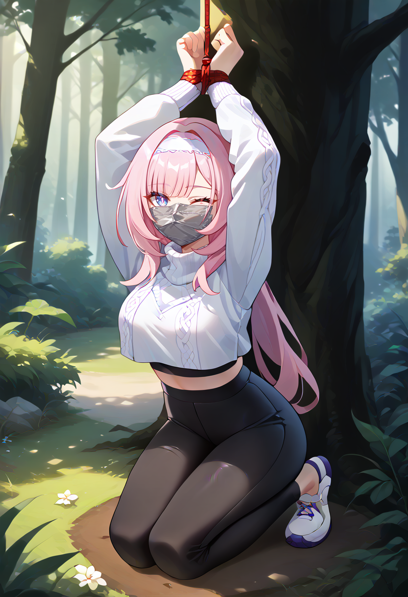 ai_generated arms_above_head asphyxiation blue_eyes bondage bound_wrists elysia_(honkai_impact) gag gagged honkai_impact_3rd looking_at_viewer on_knees one_eye_closed over_the_nose_gag pink_hair tape_gag