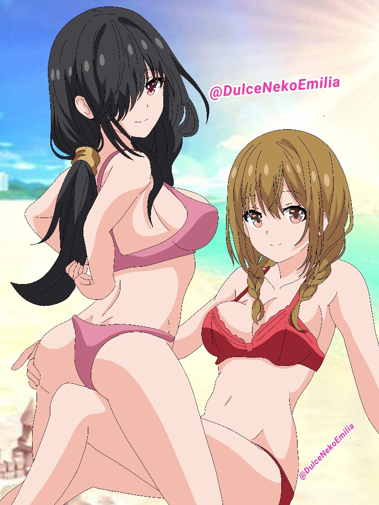 2d 2d_(artwork) 2girls ass ass_grab beach belly bikini black_hair breasts brown_hair date_a_live dulcenekoemilia light-skinned_female looking_at_viewer medium_hair red_eyes thighs tokisaki_kurumi yamauchi_sawa_(date_a_live)