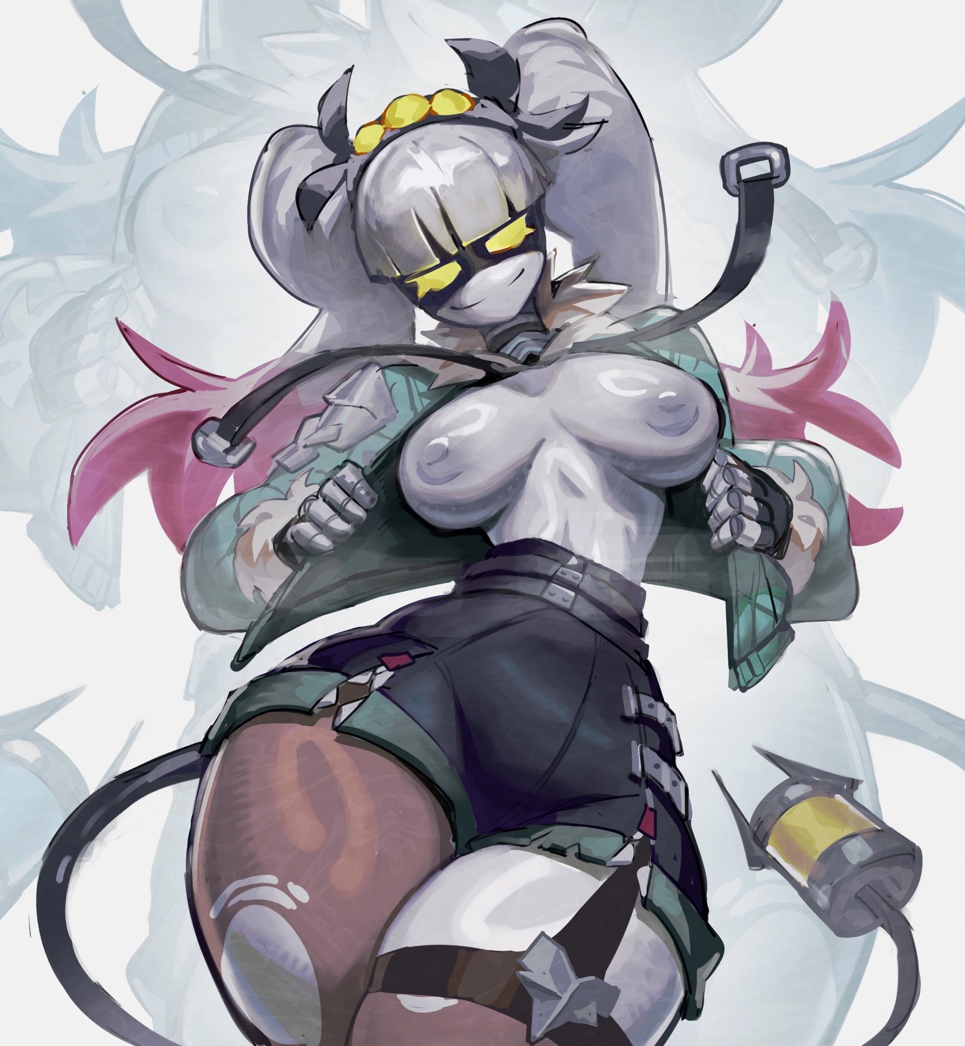 1girls, 2d, areolae, big breasts, big legs, breasts, breasts out, cosplay, female, female only, glitch productions, hi res, highres, humanoid, j (murder drones), jane doe (zenless zone zero), looking at viewer, murder drones, nipples, only emale, pink hair, pirodefka, robot, robot girl, robot humanoid, screen face, showing breasts, simple background, smiling at viewer, sneedy123, tagme, tagme (artist), white hair, zenless zone zero