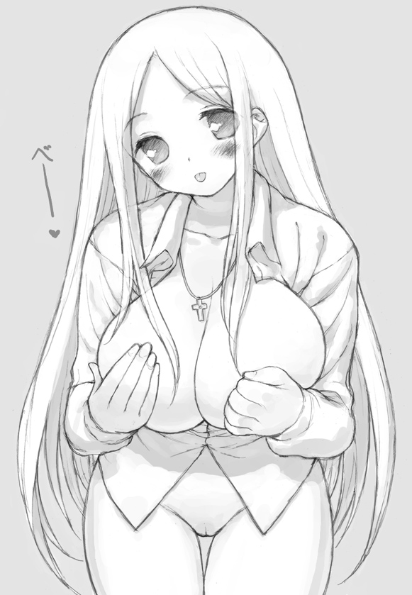 blush bottomless breasts censored cleavage copyright_request huge_breasts long_hair monochrome mutsutake open_clothes open_shirt pussy shirt sketch tongue uncensored