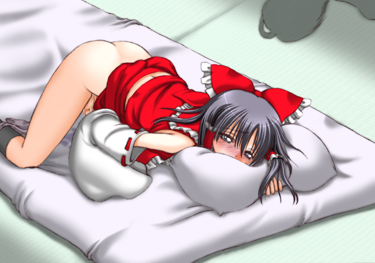 blush caught caught_masturbating curiosities_of_lotus_asia female female_only futon human japanese_clothes lying_on_stomach masturbation miko panties panties_around_one_leg pillow pussy_juice reimu_hakurei ribbon ribbons rinnosuke_morichika shadow solo_focus top-down_bottom-up touhou underwear wet