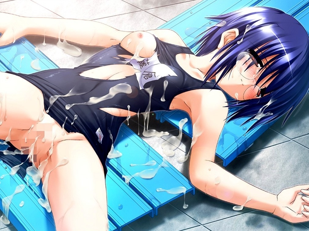 after_sex blue_hair blush breasts bukkake censored cum cum_on_clothes cum_on_hair flat_chest fujikura_nagomi glasses haru_no_ashioto kim_cheee lying mima_chi one-piece_swimsuit pussy sakura_no_sakukoro school_swimsuit short_hair spread_legs swimsuit tears torn_clothes torn_swimsuit