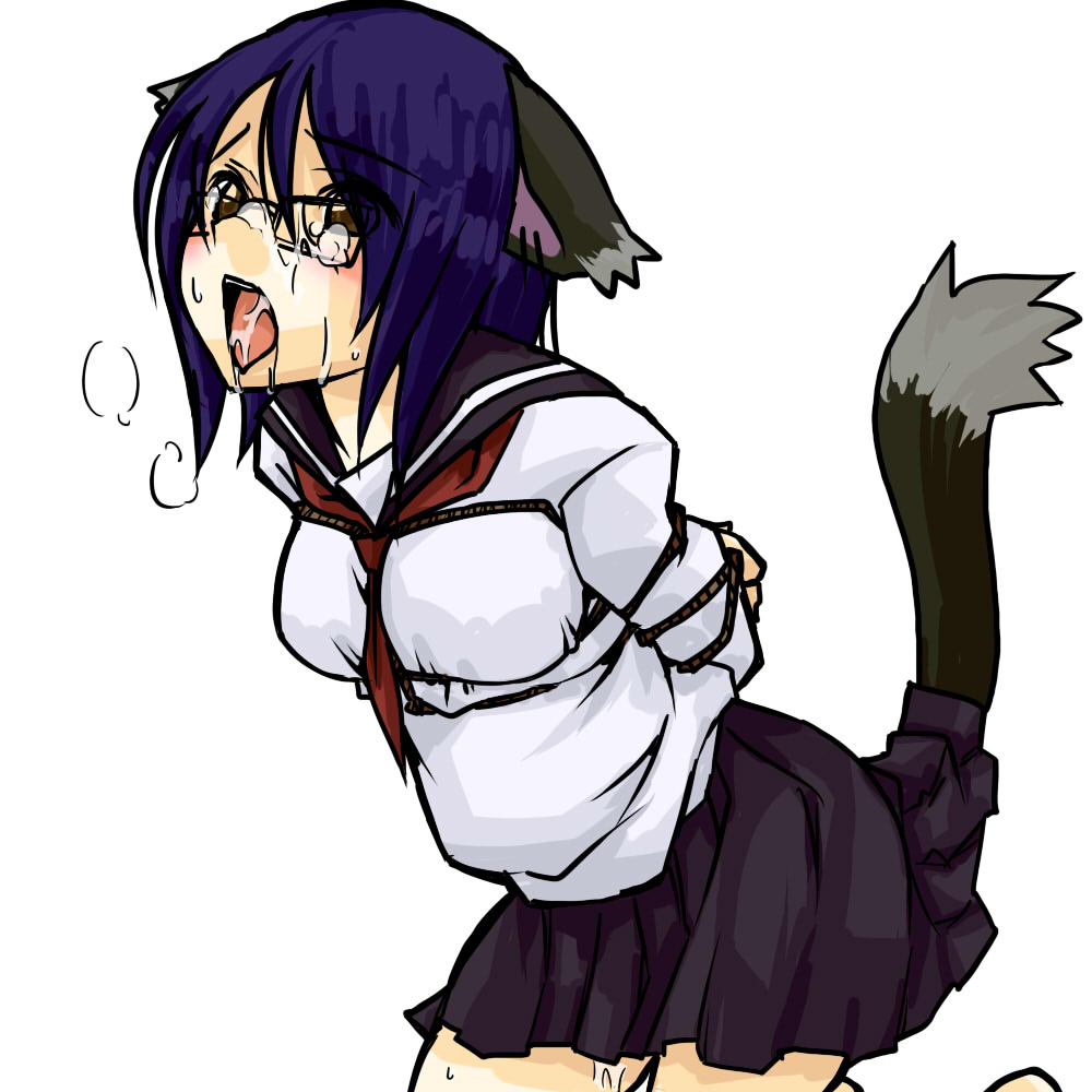 1girls 2d animal_ears blue_hair bondage breasts breath brown_eyes cat_ears cum facial fujiyoshi_harumi glasses medium_breasts panting sayonara_zetsubou_sensei school_uniform serafuku short_hair solo tail