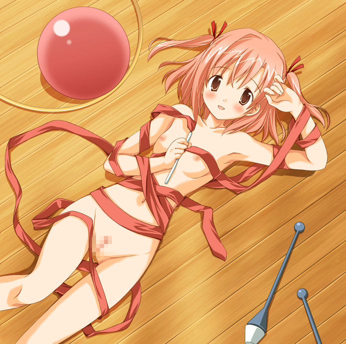 artist_request baton blush breasts brown_eyes censored club entangled flat_chest gymnastics hoop juggling_club lying mahou_sensei_negima mahou_sensei_negima! naked_ribbon nude on_back pink_hair pussy rhythmic_gymnastics ribbon ribbon_baton ribbons sasaki_makie short_hair weapon