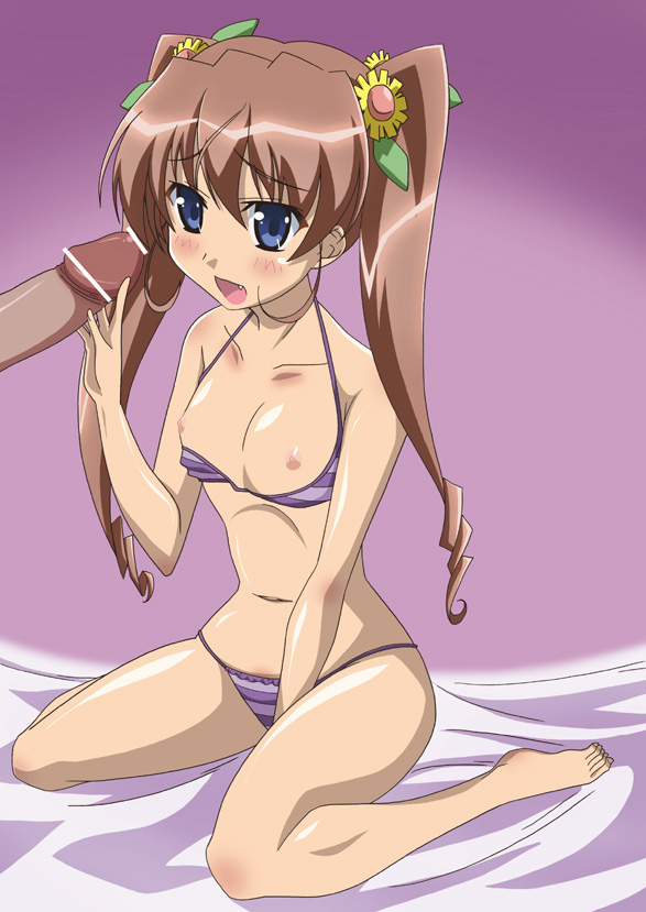 barefoot bed blue_eyes blush bra bra_pull brown_hair cute_fang feet flat_chest hair_ornament handjob lingerie long_hair midriff navel nogizaka_haruka_no_himitsu nogizaka_mika open_mouth panties paopa_ship penis pointless_censoring sitting striped striped_bra striped_panties tied_hair twintails underwear