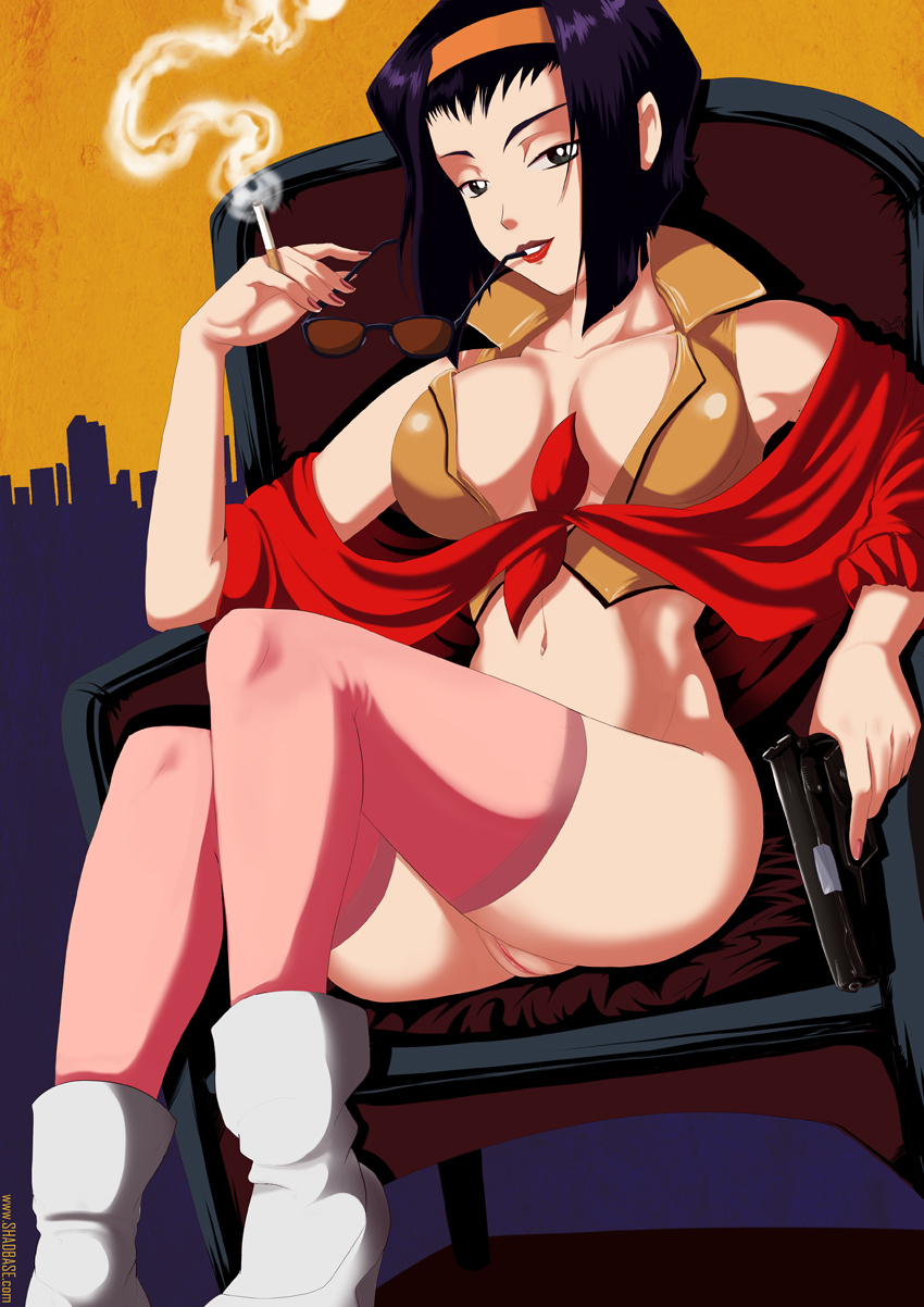 1girls, boots, breasts, chair, cigarette, cleavage, cowboy bebop, faye valentine, female, female only, gun, hairband, halter top, halterneck, human, large breasts, light skin, light-skinned female, lipstick, looking at viewer, nail polish, navel, no panties, pale skin, pale-skinned female, pink legwear, purple hair, pussy, shadman, short hair, sitting, smile, smoke, smoking, solo, sunglasses, sunglasses removed, voluptuous, weapon