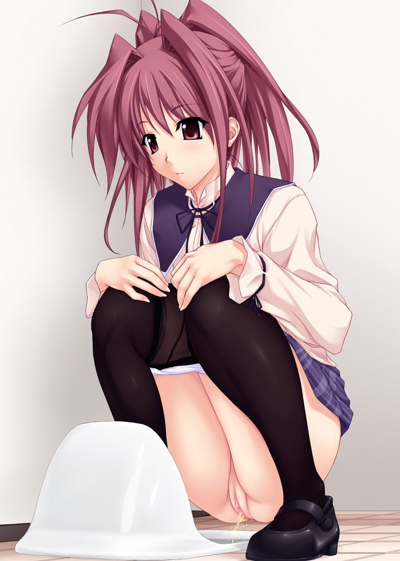 fujiwara_miyabi memories_off memories_off_sorekara panties pantyhose pantyhose_pull peeing pussy red_eyes red_hair skirt squat squat_toilet squatting toilet underwear young