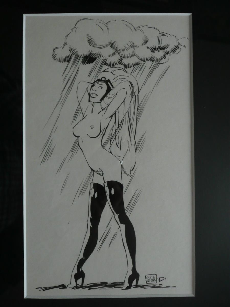 1980s 1982 1girls breasts female marvel marvel_comics monochrome official_art ororo_munroe paul_smith pen_(artwork) raining solo storm_(x-men) straight_hair tagme thighhighs tiara x-men