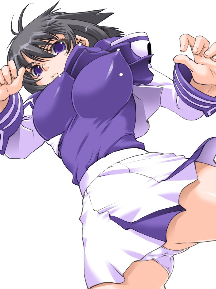 ayamine_kei black_hair bounce bouncing_breasts breasts large_breasts muv-luv panties pantyshot purple_eyes school_uniform serafuku shinama simple_background skirt underwear white_background