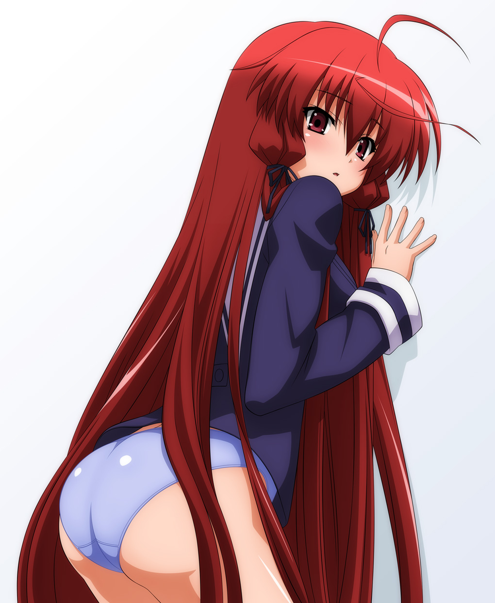 ahoge akari_himuro ass blue_panties highres himuro_akari long_hair night_wizard panties red_eyes red_hair school_uniform serafuku sugimura_tomokazu underwear very_long_hair