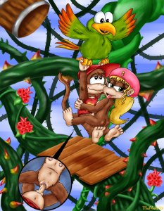 1boy 1girls avian bird blonde_hair bottomless breasts color diddy_kong dixie_kong donkey_kong_(series) female furry furry_only hair haplorhine lowres male monkey monkey_boy monkey_girl nintendo nipples nude penis primate pussy sex spread_legs squawks straight vaginal_penetration