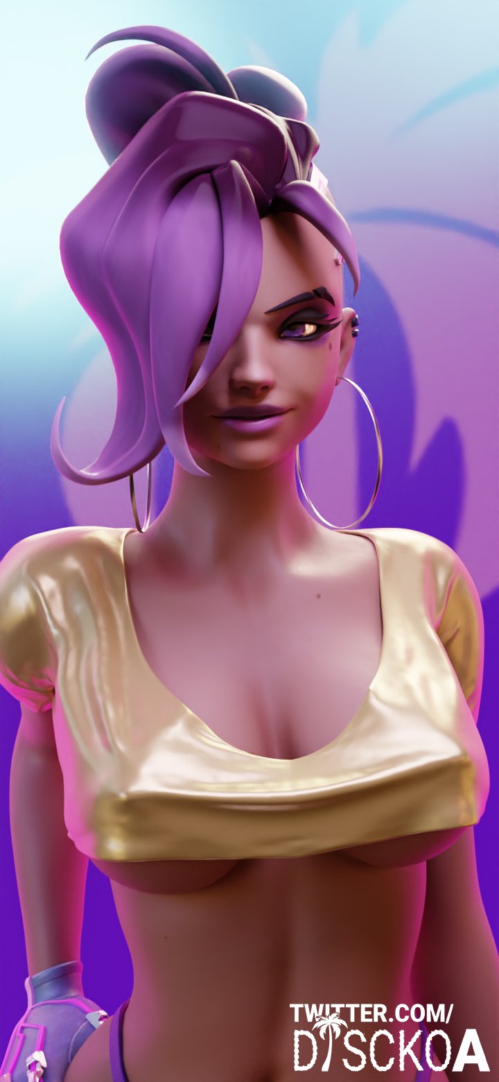 3d, asymmetrical hair, athletic, bare midriff, blizzard entertainment, breasts, cleavage, dark skin, dark-skinned female, discko, discko sombra, ear piercing, earrings, erect nipples, eyelashes, eyeliner, eyeshadow, female, female focus, female only, fingerless gloves, fit, fit female, hoop earrings, hoop earrings oversized, lipstick, long hair, makeup, navel, nipple bulge, nipples, olivia colomar, overwatch, overwatch 2, piercing, pinup, ponytail, purple eyes, purple hair, seductive, seductive look, seductive smile, sombra, thong, tied hair, toned, toned female, underboob