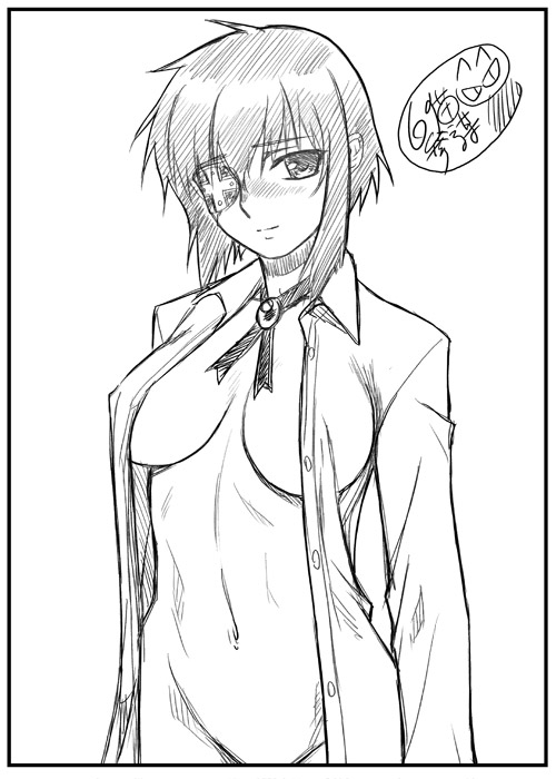 blush bottomless breasts eye_patch female female_only human monochrome natose necktie open_clothes open_shirt shirt solo they_are_my_noble_masters tie