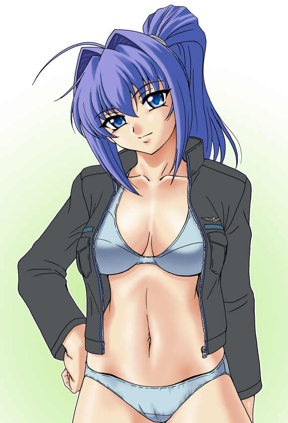 bra hayase_mitsuki kimi_ga_nozomu_eien lingerie misnon_the_great mitsurugi_meiya muv-luv open_clothes open_shirt panties shirt solo underwear