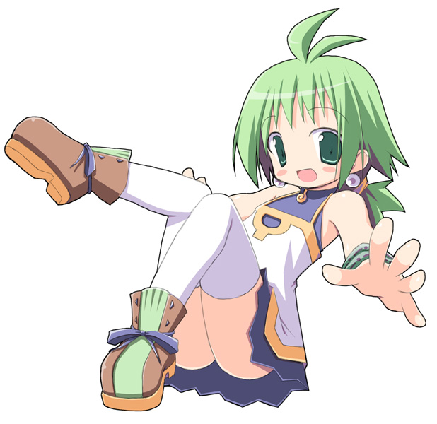 1girls bottomless green_eyes green_hair kagura_yuuki marona matching_hair/eyes no_panties phantom_brave solo thighhighs