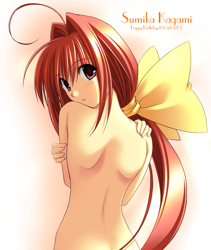 ahoge back from_behind kagami_sumika long_hair looking_back muv-luv nude pink_eyes ponytail red_hair solo takepon tied_hair