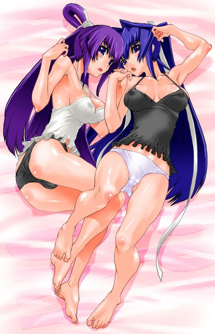 2girls ass barefoot blue_eyes blue_hair breasts cameltoe camisole feet holding_hands koubuin_yuuhi long_hair lying mitsurugi_meiya multiple_girls muv-luv on_back on_side panties purple_hair shinama underwear