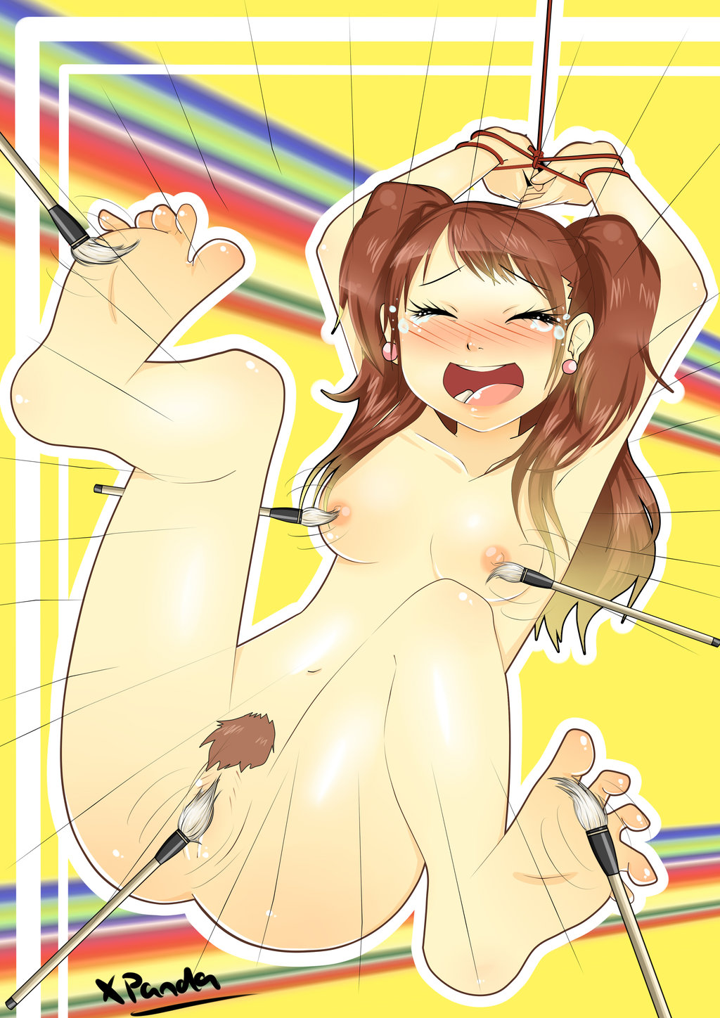 1girls, ass, barefoot, blush, bound, breasts, brown hair, feet, female, foot tickling, kujikawa rise, laughing, navel, nipples, nude, persona, persona 4, pubic hair, pussy, soles, striped background, tagme, tears, tickling, tickling pussy, toes, uncensored