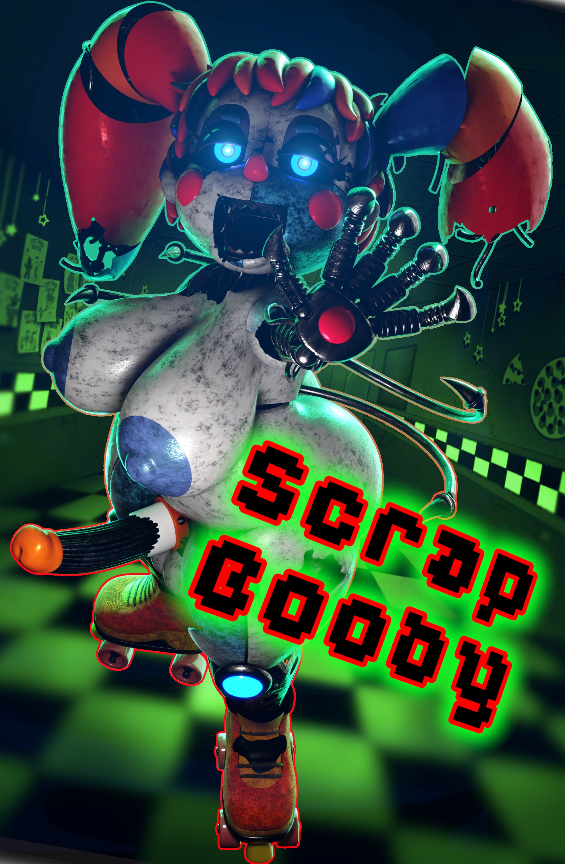 3d, blue eyes, breasts, cock ring, erection, exposed endoskeleton, five nights at freddy's, freddy fazbear's pizzeria simulator, futanari, intersex, jordevoir, looking at viewer, mechanical penis, nude futa, penis, robot, robot futa, roller skates, scrap baby, solo, spiked cock ring, tagme