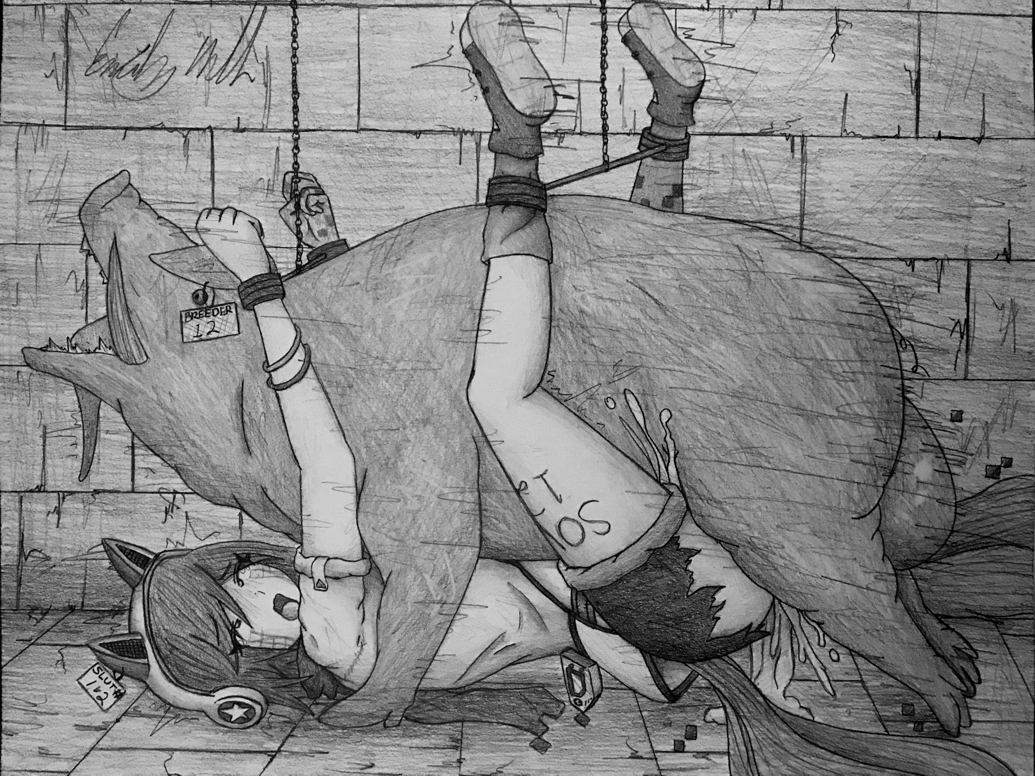 ahe gao, ahri, ahri a walla, arcade ahri, arcade series, balls, bestiality, big balls, black and white, chains, clothing, crying, cum, cum inside, dungeon, ear tag, female, headphones, league of legends, male, pig, rape, riot games, traditional media (artwork), zoophilia