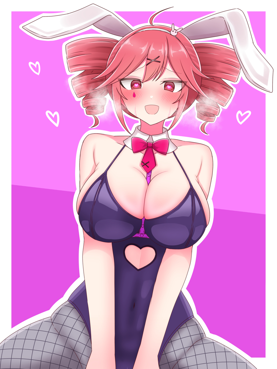 1girls 2d 2d_(artwork) big_breasts blush blush breasts breath_cloud bunny_ears bunny_girl bunnysuit chiaki_himanagi cleavage curvy curvy_female curvy_figure detached_collar female female_only fishnet_legwear fishnets hair_ornament heart heart heart-shaped_pupils heart_symbol hearts_around_head horny horny_female huge_breasts kasane_teto large_breasts navel navel_visible_through_clothes pink_background playboy_bunny pushing_breasts_together rabbit_hole_(vocaloid) red_eyes red_hair simple_background skindentation solo solo_female steam thick_thighs thighs twin_drills utau wide_hips