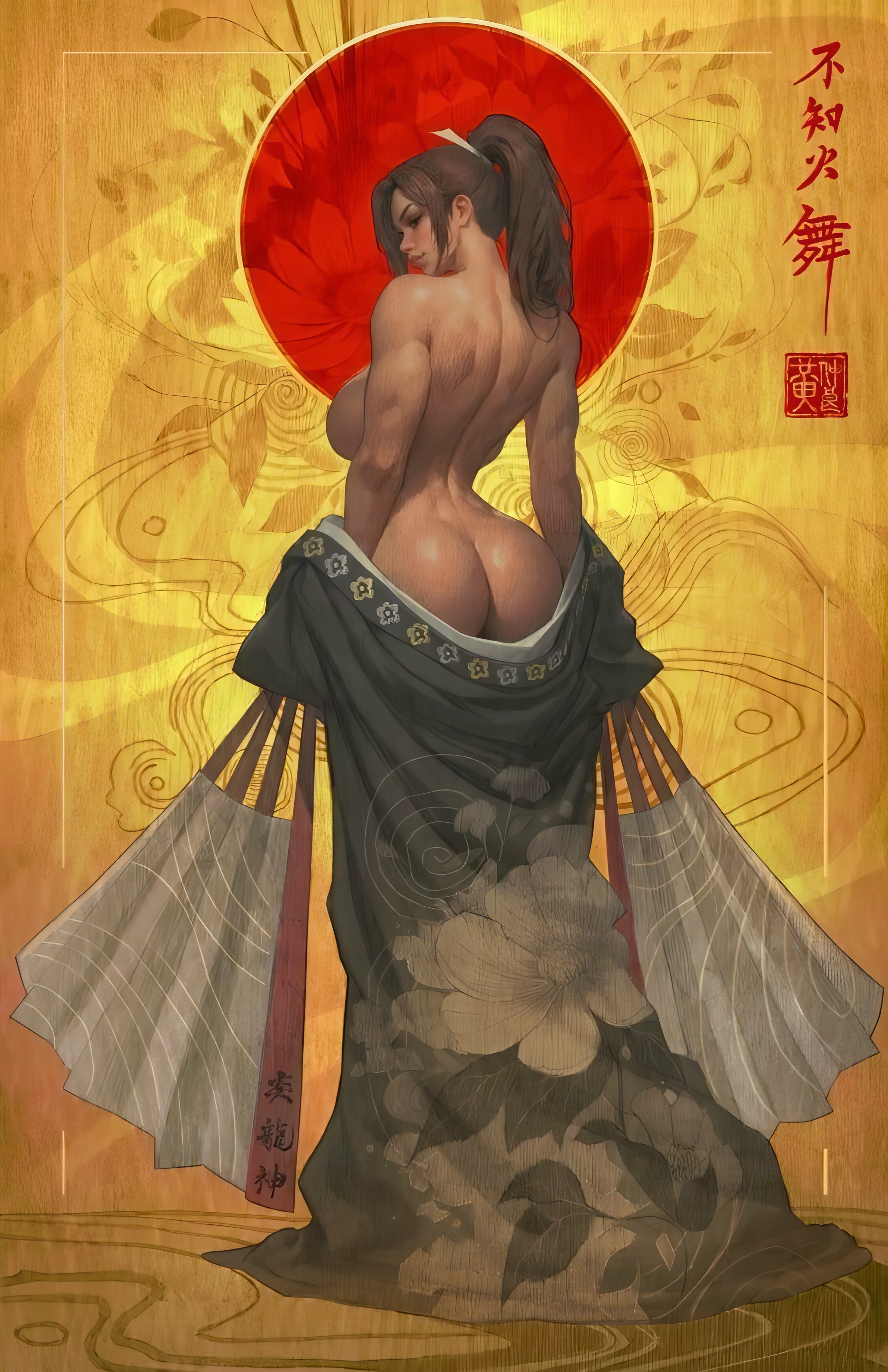 2d, ai edit, ai generated, ass, big ass, big breasts, breasts, brown hair, edit, fatal fury, female, female focus, female only, hair ribbon, hi res, high resolution, highres, human, human female, human only, ickpot, kimono, kimono down, king of fighters, light skin, light-skinned female, looking at viewer, looking back at viewer, mai shiranui, paper fan, ponytail, seductive, seductive look, snk, solo, solo female, tagme