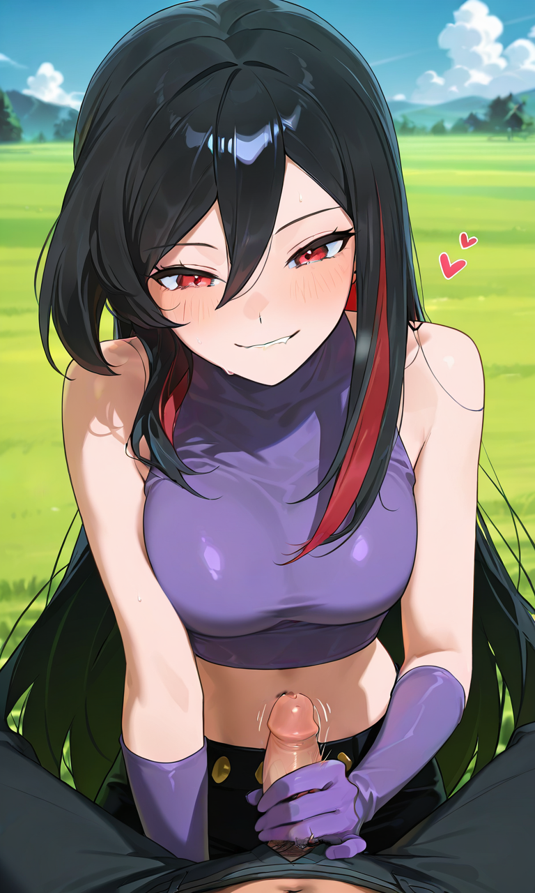 1boy 1girls ai_generated biting_lip biting_own_lip black_hair blush female gloves handjob long_hair looking_at_penis lucy_(pokemon) midriff motion_lines multicolored_hair ndsilver059 nintendo penis pike_queen_lucy pokemon pokemon_rse red_eyes red_highlights sex small_penis straight straight_sex tagme two_tone_hair