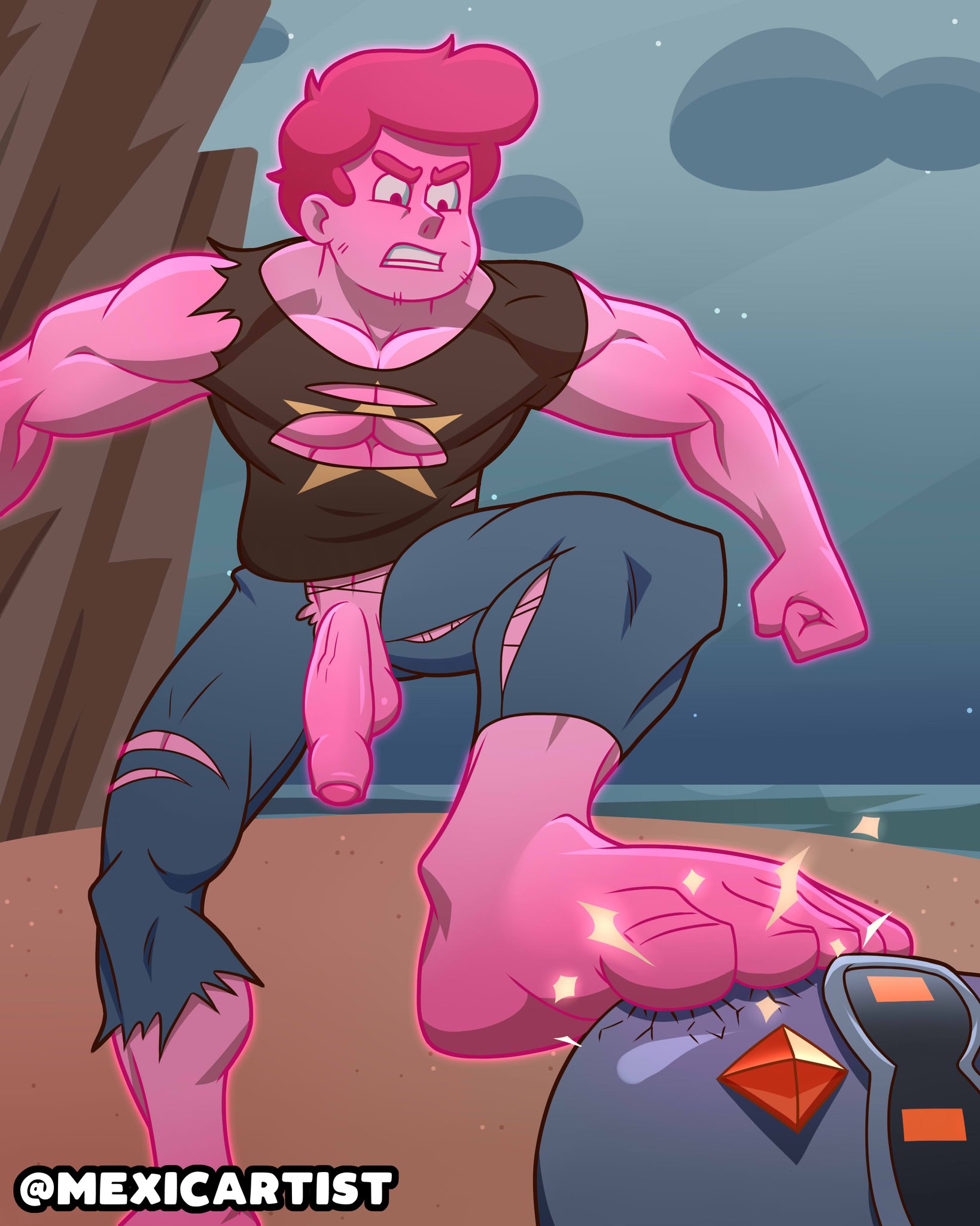 1boy, angry, artist name, barefoot, beach, big penis, cartoon network, chad steven, facial hair, feet, feet focus, fists clenched, foreskin, male, male feet, male only, mexicartist, muscular, muscular male, outside, penis, pink body, pink hair, pink skin, pink steven, ripped clothing, solo, sparks, steven quartz universe, steven universe, steven universe future, uncircumcised