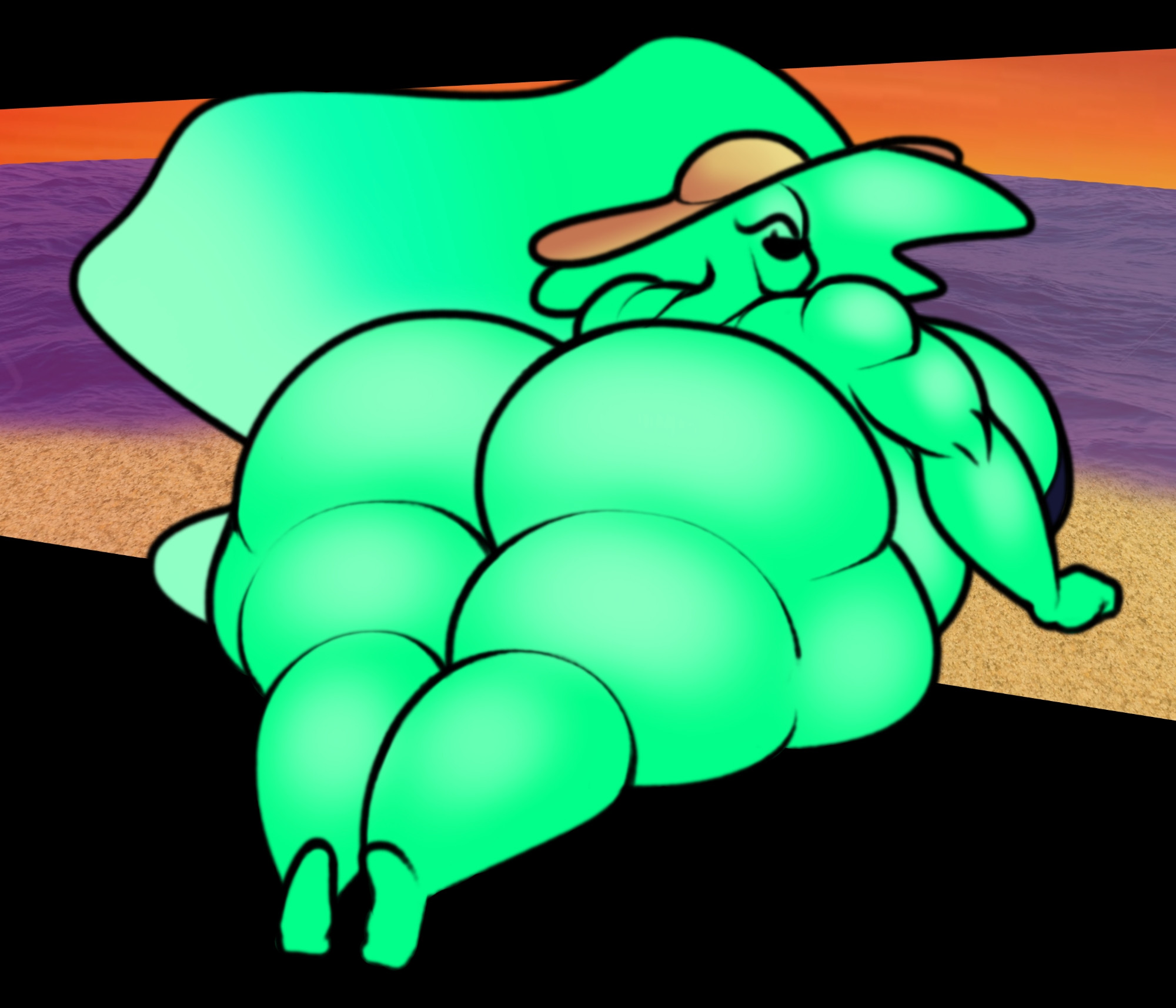 ass, ass focus, ass out, beach, big ass, breasts, ceeezahtheperson, chubby, chubby female, elemental humanoid, f'lata flare (minusbrush), fat ass, female, fire, fire girl, friday night funkin, green body, hat, long hair, looking at viewer, looking back, lying down