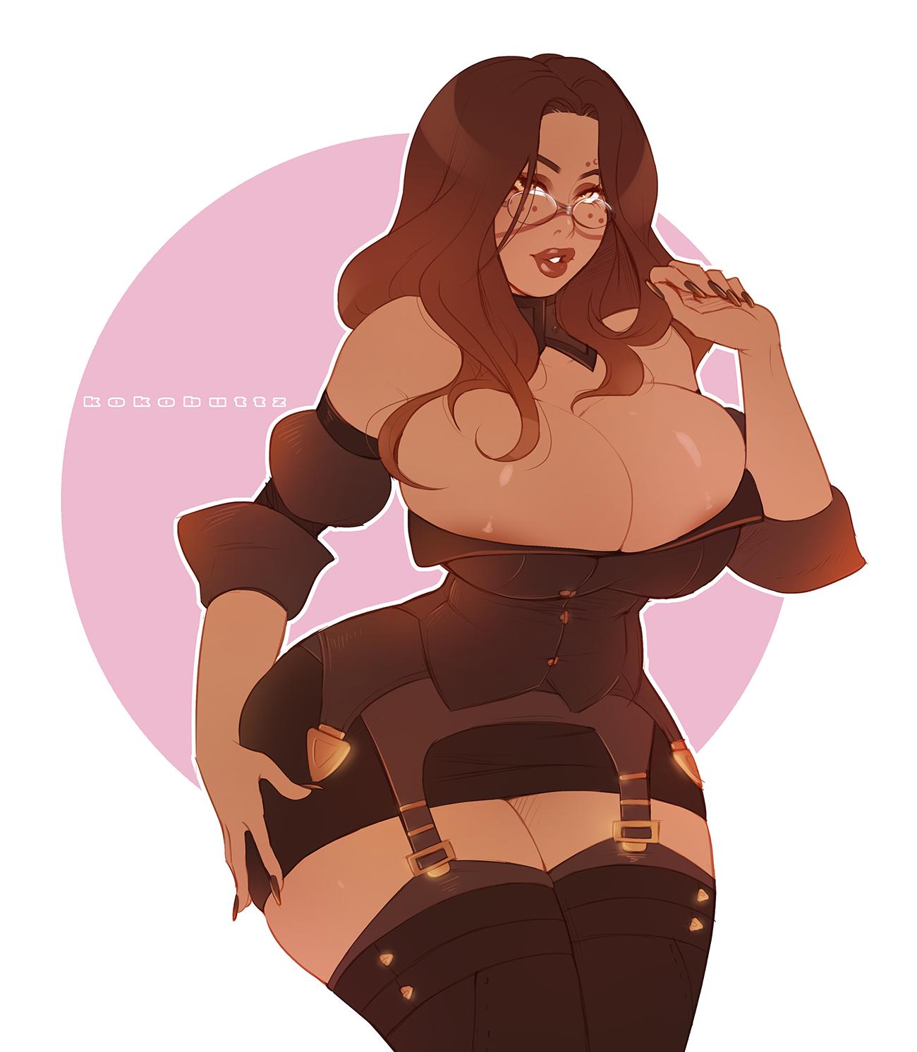 1girls, big breasts, big thighs, breasts, brown hair, bursting breasts, busty, cleavage, clothing, curvaceous, curvy, dark skin, dark-skinned female, elsbeth blackheart, female, female only, freckles, glasses, hair, kokobuttz, large breasts, long hair, narrow waist, overflowing breasts, slim waist, small waist, solo, thick thighs, thin waist, voluptuous, watermark, wide hips